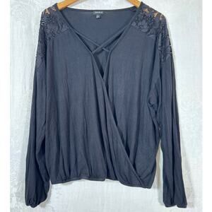 Torrid 2 2X Black Faux Wrap Top Strappy Lace Detail Boho